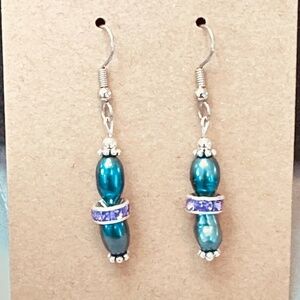 Stainless Steel Genuine Freshwater Teal Pearls 2ea w/Purple Crystal Rondelles